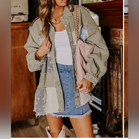 POL | NIP Sage 100% Cotton Color Block Mixed Print Raw Edges Patchwork Jacket M - Picture 5 of 9